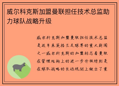 威尔科克斯加盟曼联担任技术总监助力球队战略升级